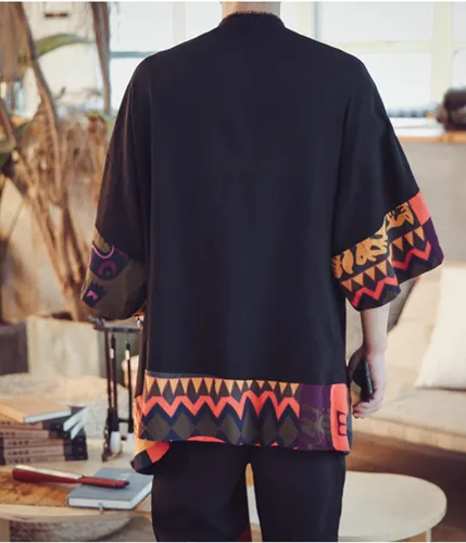 Miniatura 7 de HZCX FASHION Chaqueta tipo kimono larga de lino y algodón para hombre
