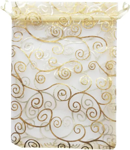 100 bolsas de regalo de 5 x 7 pulgadas, ratán dorado, tela de tul transparente de organza, bolsas de malla con cordón para regalos de baby shower,
