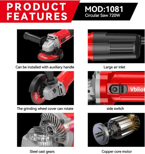 Miniatura 2 de 710W Amoladora Angular Eléctrica de 6A, 4-1/2 Pulgadas con Protección Rotacional de 360 Grados, 11000RPM, Herramienta de Potencia para Cortar y 710w