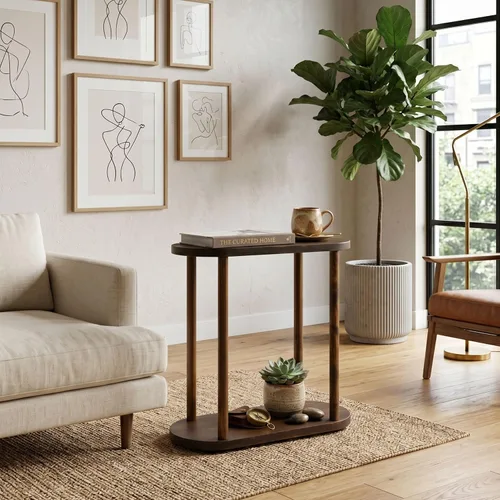 Miniatura 4 de Mesa auxiliar estrecha ovalada de madera maciza, mesa auxiliar delgada con pedestal pequeña para sala de estar, diseño minimalista moderno
