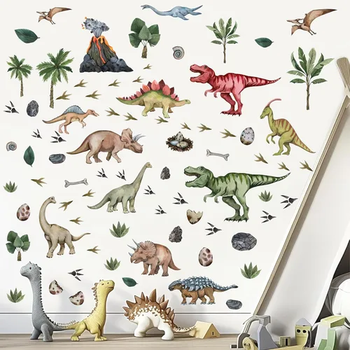 Calcomanías de pared grandes de dinosaurio para despegar y pegar, calcomanías de pared de huellas de dinosaurio, hojas tropicales, palmeras,