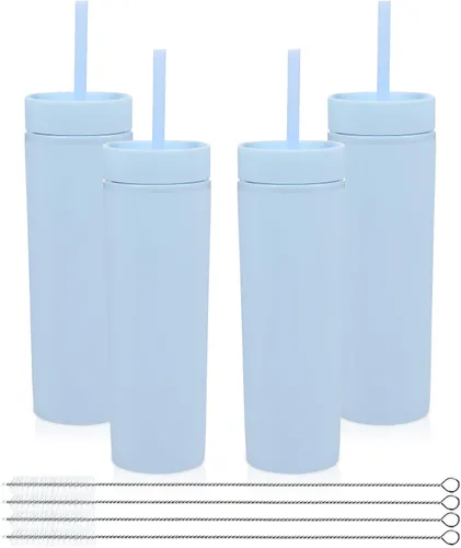Miniatura 24 de Volhoply Vaso delgado de plástico de 16 onzas con tapa y pajita, paquete de 4 unidades, vasos aislados de doble pared de acrílico mate, sin BPA