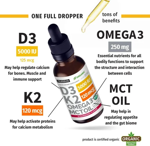 Miniatura 3 de NUSAVA Paquete de gotas líquidas D3 K2 con sabor a fresa y gotas líquidas D3 K2 con sabor a vainilla, potentes vitaminas líquidas para corazón