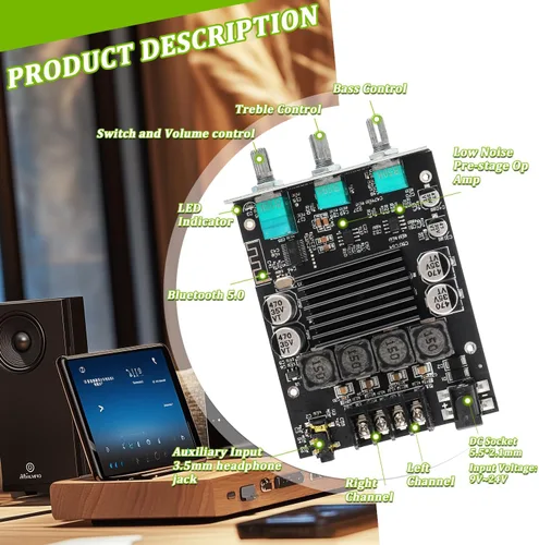 Miniatura 3 de Placa de amplificador Bluetooth de 100W+100W con control de agudos y bajos Chips TPA3116D2 DC 9-24V Entradas BT y AUX 2.0 Canales Placa