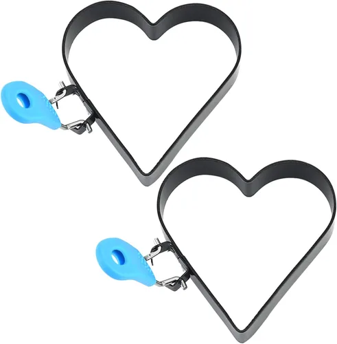 Miniatura 8 de 2 anillos de huevo antiadherentes de 4 pulgadas en forma de corazón para freír huevos con mango de silicona, molde de huevo de acero inoxidable