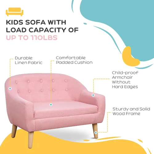Miniatura 6 de Qaba Sofá para Niños de 2 Asientos, Sofá Sillón para Niños Pequeños, Tela Similar al Lino y Marco de Madera Silla Sofá para Edades 3-7, Asiento