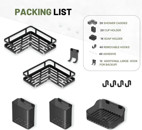 Miniatura 5 de Organizador de ducha adhesivo para colgar, paquete de 6 estantes esquineros de acero inoxidable a prueba de óxido, organizador de ducha de gran Negro