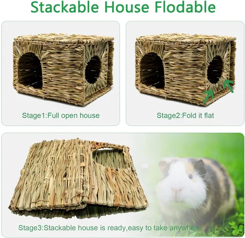 Miniatura 6 de BWOGUE Casa de césped grande para conejillos de indias, cabaña de paja tejida a mano, plegable, cama escondite de animales pequeños con aberturas