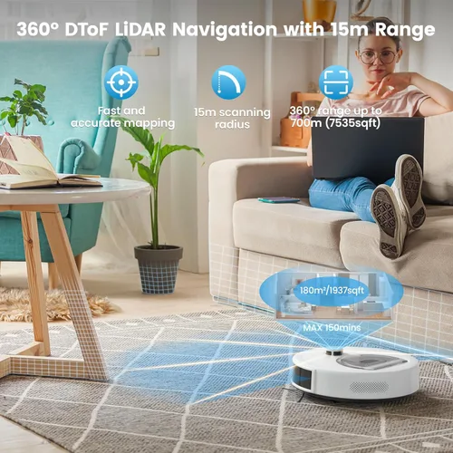 Miniatura 3 de OKP Lidar Robot Aspiradora y Trapeador Combo, 6000Pa Aspiradora Robótica Automática, Mapeo Inteligente, 3.7 pulgadas de Espejo, 150 Min Max, 5G