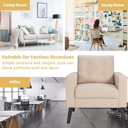 Miniatura 9 de Giantex Silla decorativa moderna, sillón tapizado de mediados de siglo con patas de madera de goma, tela de lino patentada, sofá individual