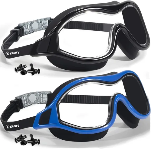 Keary Paquete de 2 gafas de natación para adultos y jóvenes con junta de silicona suave, protección UV antivaho sin fugas, gafas de visión clara