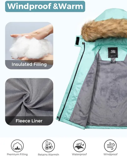 Miniatura 4 de ZSHOW Chaqueta de esquí impermeable para niñas, abrigo de invierno cálido acolchado con forro polar parka