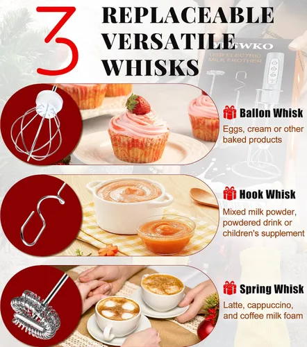 Miniatura 4 de YUSWKO Espumador de leche recargable para café, mezclador de bebidas de mano con 3 cabezales, 3 velocidades, agitadores eléctricos ideales