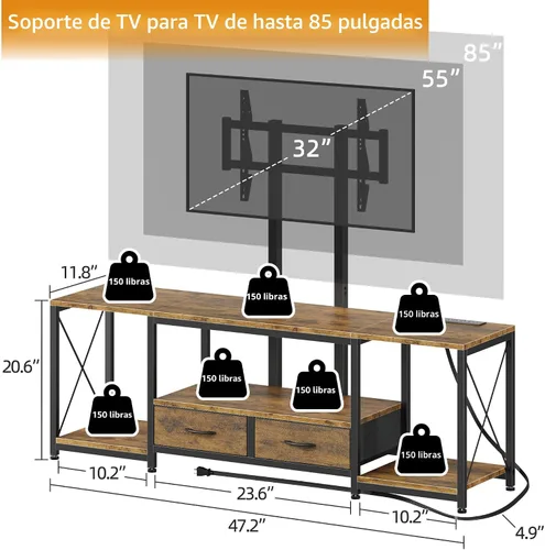 Miniatura 6 de GYIIYUO Soporte de TV LED con montaje y toma de corriente y cajones de tela para TV de 32-85 pulgadas - Centro de entretenimiento y soporte de TV