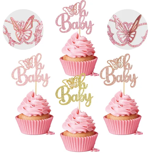 Miniatura 8 de Gyufise 24 piezas de decoración de mariposa rosa claro con purpurina Oh Baby Butterfly - Decoración de mariposa para baby shower Girl - Suministros