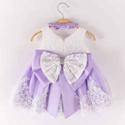 Miniatura 3 de Tutú formal con lazo de princesa, vestido de encaje y diadema para niñas de Pascua (morado, 0-3 meses)