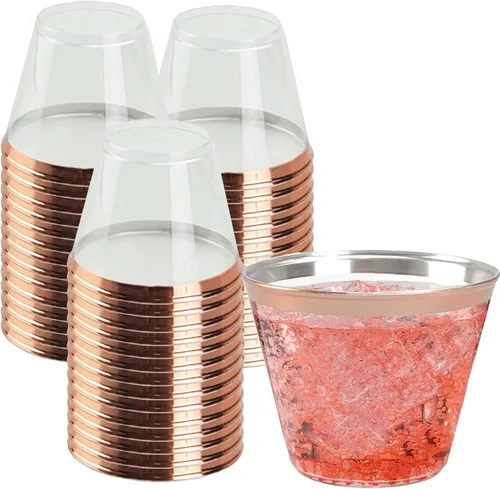 QPEY Paquete de 50 vasos de plástico con borde de oro rosa, vasos desechables de 9 onzas de oro rosa de alta calidad, copas de vino de plástico duro