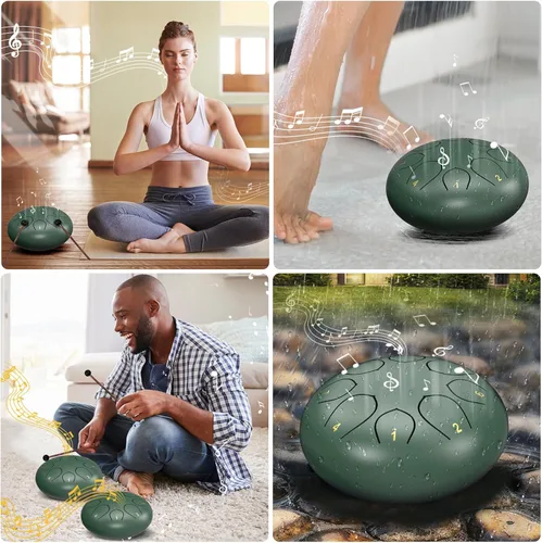 Miniatura 6 de Tambor de lluvia para jardín exterior, 6 pulgadas, 8 notas, tambor de lengua de acero, chakra, impermeable, carillón de lluvia para meditación, Verde