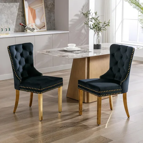 Miniatura 47 de KCC Nikki Collection - Juego de 4 sillas de comedor de terciopelo tapizadas de alta gama con anillo trasero de clavo, patas de madera maciza