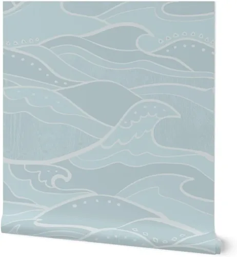 Spoonflower Papel tapiz para despegar y pegar - Ondas Mar Luz Verde Azul Océano Náutico Surf Beach House Papel pintado extraíble personalizado