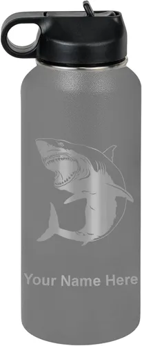 Miniatura 48 de LaserGram Botella de agua personalizada, gran tiburón blanco, acero inoxidable de doble pared aislada al vacío con popote superior, regalo grabado