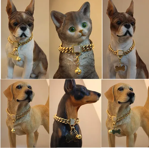 Miniatura 6 de Collar plateado para perro, collar de cadena de eslabones cubanos con hebilla de circonita, etiqueta de identificación y campana, a prueba