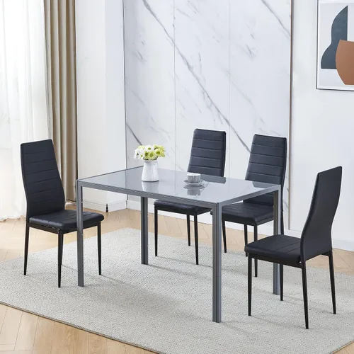 Miniatura 10 de Juego de 4 mesas de comedor y sillas negras modernas de 5 piezas para cocina pequeña, mesa rectangular de vidrio templado y 4 sillas de terciopelo