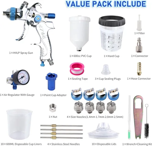 Miniatura 4 de Pistola de pulverización HVLP con 10 piezas de tazas desechables de pintura de 600ML, kit de pistola de alimentación por gravedad para automóviles