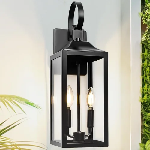 Farol de pared negro de 19 pulgadas para exteriores, 2 luces, aplique grande y moderno para porche, luz industrial para porche con vidrio,
