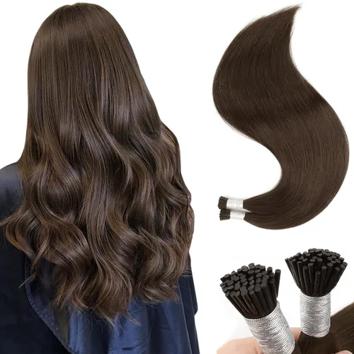 Sixstarhair Extensiones de cabello humano de queratina con punta en I de 14 pulgadas, color marrón chocolate, extensiones de cabello lacio y sedoso