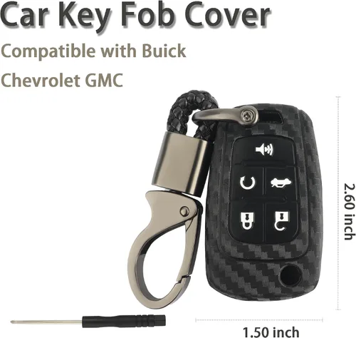 Miniatura 2 de Funda de fibra de carbono para llavero de automóvil, funda de silicona con llavero, funda para llave de automóvil compatible con Buick Chevrolet GMC