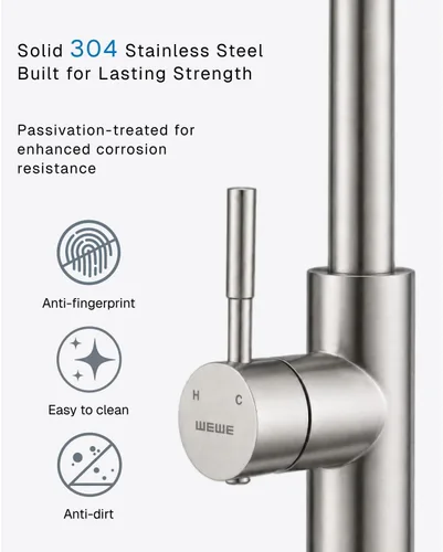 Miniatura 6 de WEWE Grifo de cocina de acero inoxidable de 14.5 pulgadas de alto con rociador extraíble, grifo de fregadero giratorio de 360° de níquel cepillado