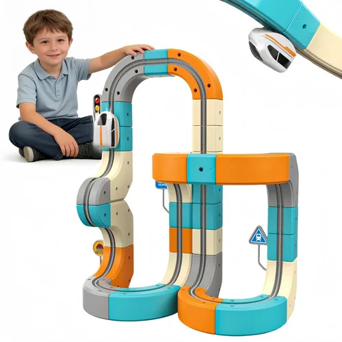 Miniatura 9 de Juego de tren eléctrico 3D para niños, pista de carreras de gravedad mágica con aprendizaje STEM, cubos y bloques flexibles, juguete para niños