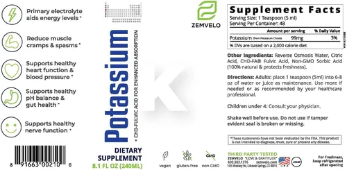 Miniatura 2 de Suplemento iónico líquido de citrato de potasio Electrolito de potasio Apoya un corazón saludable Equilibrio de pH intestinal saludable