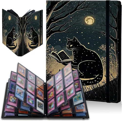 Carpeta de tarjetas de gato negro y luna, 9 bolsillos para álbum de tarjetas intercambiables, carga lateral, 360 bolsillos, tarjetero de poliuretano