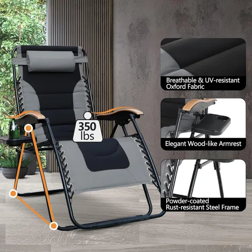 Miniatura 3 de PHI VILLA Silla XL de gravedad cero de gran tamaño, acolchada, reclinable, de gran tamaño, con soporte para tazas, soporta 350 libras (gris)
