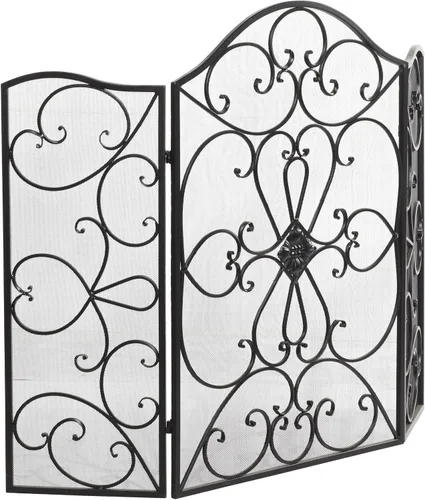 Miniatura 12 de Deco 79 Pantalla de metal para chimenea, plegable, arqueada, 3 paneles con detalles de flor de lis, 52 x 1 x 31 pulgadas, color negro
