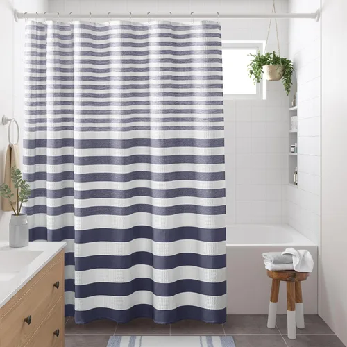 Miniatura 29 de Madison Park Cortina de ducha de tejido waffle con diseño a rayas en piezas, cortina de ducha de tela para baño con gestión de humedad 3M Rayas Taupe