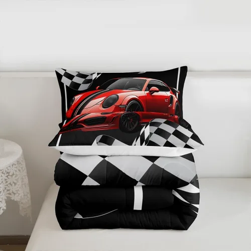 Miniatura 7 de Juego de edredón de auto de carreras rojo, tamaño individual, juego de ropa de cama de celosía negro y blanco de 2 piezas para decoración de A-car 01