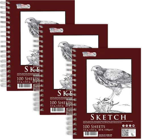 U.S. Art Supply Bloc de bocetos de 5.5 x 8.5 pulgadas, paquete de 3 (100 hojas cada uno), encuadernado en espiral de 60 libras (3.53 oz/m²), bloc de