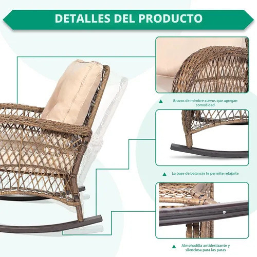 Miniatura 3 de VIVIJASON Mecedora de mimbre para exteriores, silla mecedora de ratán para patio con cojines y marco de acero, muebles de mimbre mecedores