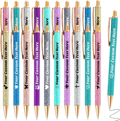 Miniatura 36 de 10 bolígrafos personalizados con purpurina, bolígrafos impresos personalizados a granel, bolígrafos retráctiles de tinta negra para graduación