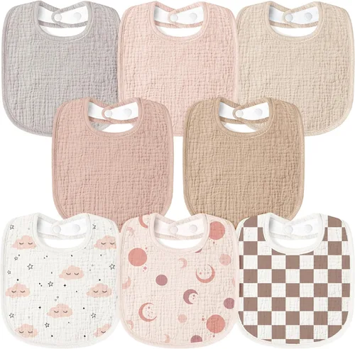 Miniatura 14 de Susurration Baberos de muselina para bebé 8 paquetes, baberos tipo bandana, baberos ajustables suaves cuadrados para babeo de bebé unisex para niñas