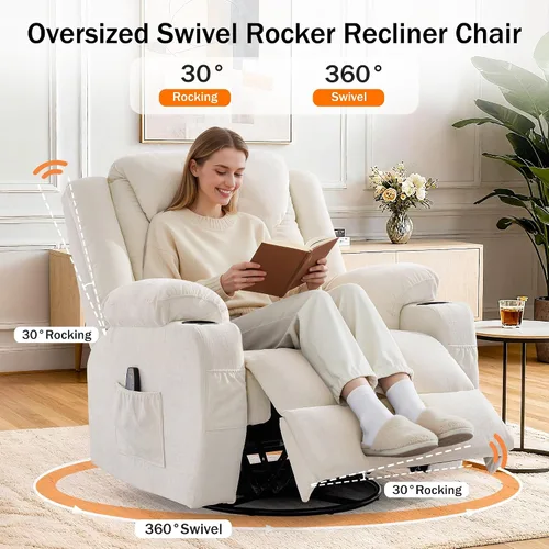 Miniatura 3 de Korser Silla reclinable de gran tamaño, reclinable giratorio de 360° para adultos, silla reclinable giratoria con calor y masaje, reclinable manual