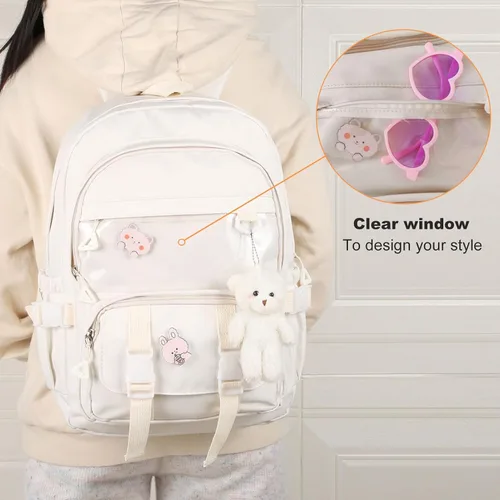 Miniatura 3 de Phaoullzon Mochila Kawaii para niñas, mochila escolar linda de anime con alfileres y colgante, Beige, Mediana, Moderno