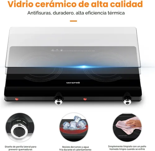Miniatura 4 de Placa eléctrica infrarroja de doble quemador – Estufa portátil de 1800 W, calentamiento en segundos, encimera para dormitorio, compatible con todos