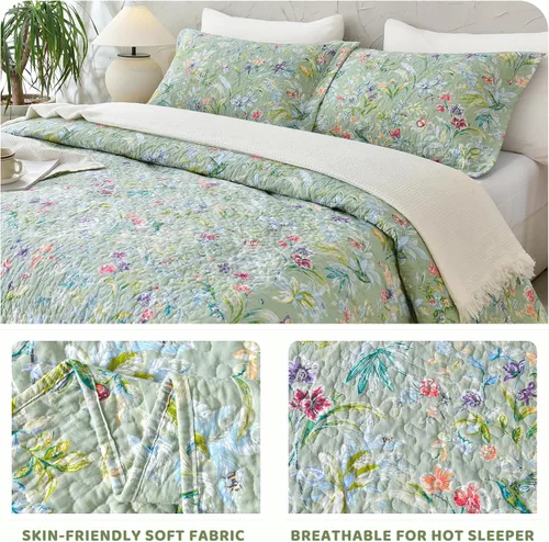 Miniatura 4 de Sanracie Edredón extragrande tamaño King (120"x120"), juego de edredón 100% algodón con estampado floral verde de 3 piezas, edredón suave y ligero