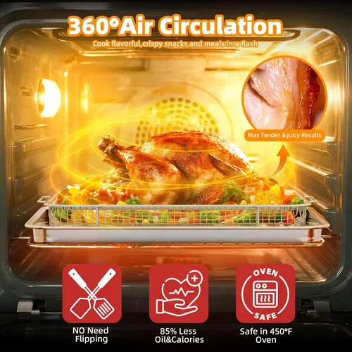 Miniatura 4 de Cesta de freidora de aire para horno, 2 juegos de bandeja y sartén de freidora de aire con 60 piezas de papel pergamino, sartén de freidora de aire
