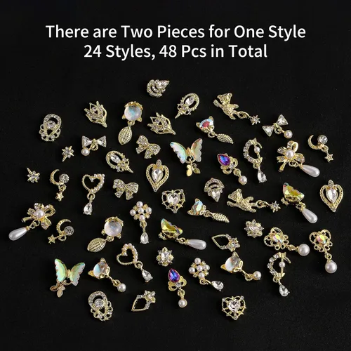 Miniatura 3 de 48 dijes colgantes de diamantes de imitación de lujo para uñas, dijes de corazón, gemas doradas, piedras de diamantes de metal de cristal