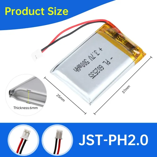 Miniatura 3 de 602535 3.7V Lipo Batería 500mAh 602535 Batería recargable de polímero de litio con conector JST PH2.0.000 in para dispositivo electrónico